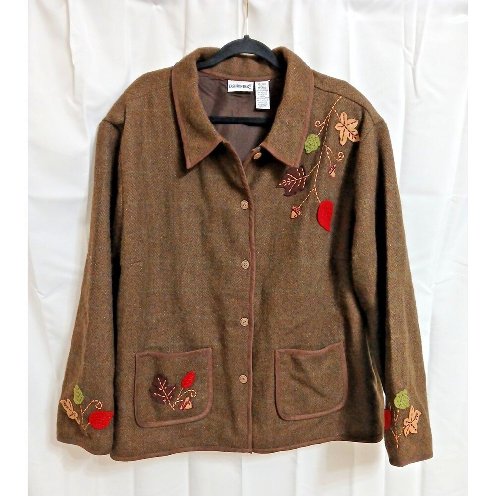 Vtg Fashion Bug Brown Wool  Blazer Herringbone Applique Embroidered Sz 26/28 W